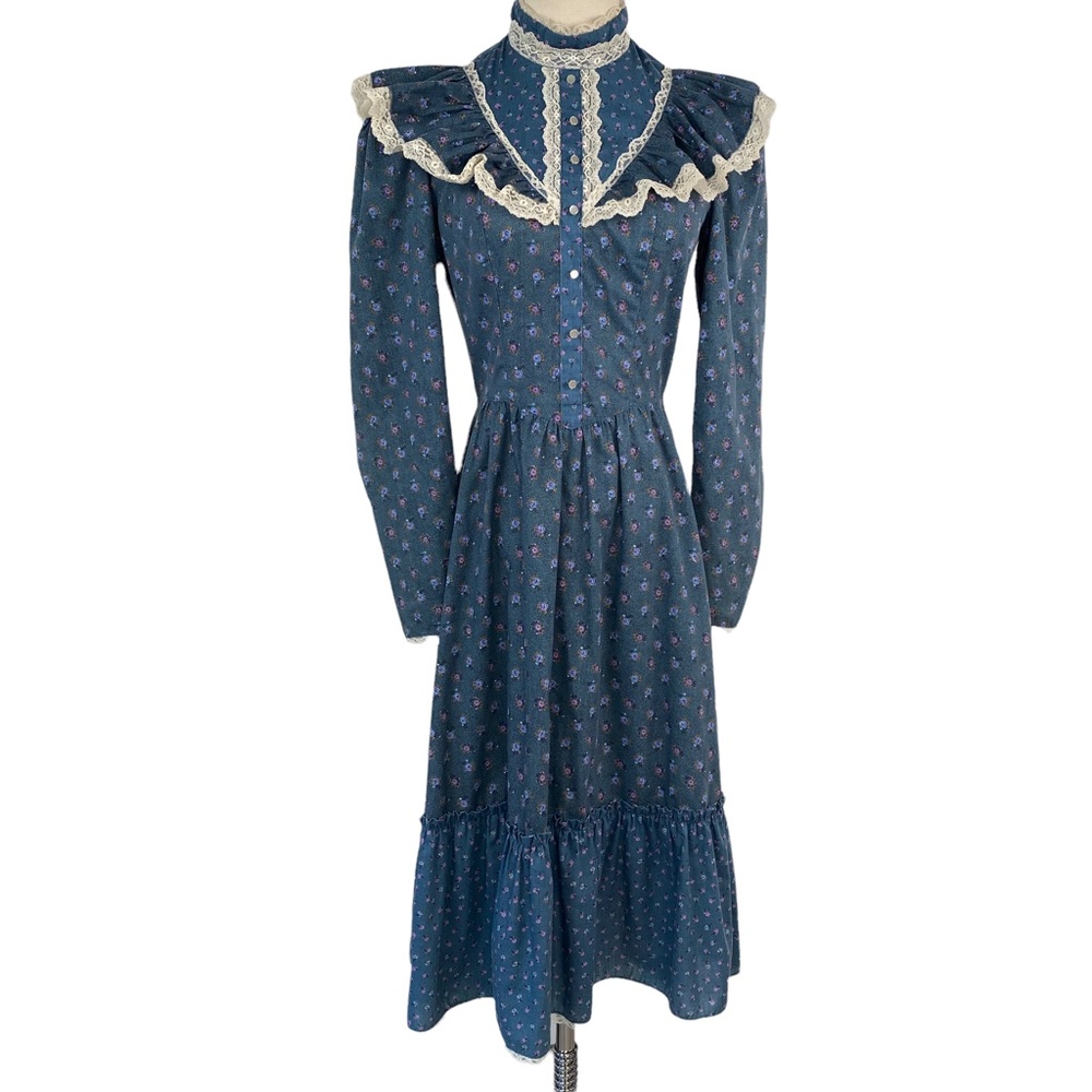 Vintage Prairie Dress Floral Print Lace Trim Dress